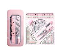 Maths 8-piece set, Geometry Sets for Secondary School, Protractor and Compass Set for Student, Compass Compass Maths Ruler with Storage Box for School Student Teacher Architects Engineers (Pink)