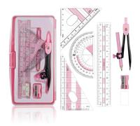 Maths Set | 8Pcs Compass Maths Protractor and Compass Set | Geometry Sets Triangle Ruler Protractor Rubber Sharpener with Storage Box (Pink)