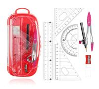 Maths Set | 8Pcs Compass Maths Protractor and Compass Set | Geometry Sets Triangle Ruler Protractor Rubber Sharpener with Storage Box (Red)