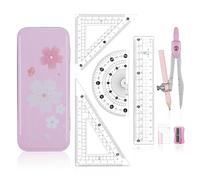 Maths Set | Compass Maths Protractor and Compass Set | Triangle Ruler Protractor Rubber Pen Geometry Sets with Storage Tin | Maths Sets for Secondary School (8Pcs Pink)
