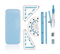 Maths Set | Compass Maths Protractor and Compass Set | Triangle Ruler Protractor Rubber Pen Geometry Sets with Storage Tin | Maths Sets for Secondary School (8Pcs Blue)