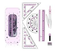 Maths Set | Compass Maths Protractor and Compass Set | Triangle Ruler Protractor Rubber Pen Geometry Sets with Storage Tin | Maths Sets for Secondary School (7Pcs Purple)