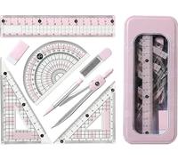 Maths Sets, 7Pcs School Geometry Tool Set for Student, Drawing Ruler, Maths Protractor and Compass Set, for Students Maths and Home Schooling in Carry Case (Pink)