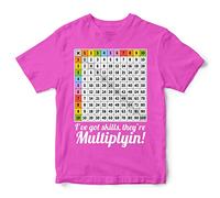 Maths Times Tables Grid Learning T Shirt - Funny Multiplication Math Tee - Mathematics School Teacher Gift Kids Top, Bright Pink, 9-11 Years