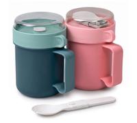 MATICAN 2-Pack Microwave Soup Mugs with Lids & Folding Sporks - 17.63 Oz Portable, Spill-Resistant Containers for Ramen, Soup, Beverages, Teal Green & Peach