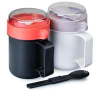 MATICAN Microwave Soup Mug with Lid, 2-Pack Soup Cup Container with Lid for Ramen Noodles, Soup, Beverages, Microwave Safe, Includes Foldable Spork, 17.63 Ounces, Red/Black, Grey