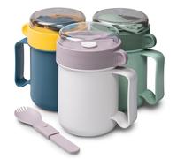 MATICAN Microwave Soup Mugs with Lids, 3-Pack Microwave Safe Mug for Ramen Noodles, Soup, Beverages, Includes Foldable Spork, 17.63 Ounces, Grey, Green, 2-Tone Yellow, Navy