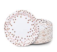 MATICAN Party Paper Plates, 100-Pack Disposable White and Rose Gold Plates, Foil Polka Dots, 22.86 Centimetres
