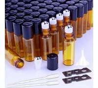 Matifaner 60 Pack 5ml Amber Glass Roll on Bottle For Essential Oils,Perfume Vial with Stainless Steel Roller Ball,Black Caps Mini Sample Vials Cosmetics Small Container (roll-5ml)