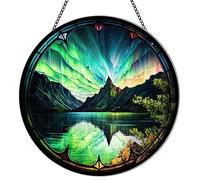 MATIHAY Northern Lights Stained Glass Window Hanging, Aurora Borealis Wall Art Acrylic Panel, Nature Mountain Landscape Polar Lights Sun Catchers for Bedroom Office Home Decoration (Small)