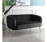 Matilda 137Cm Wide Black Ruched Back Velvet 2 Seat Sofa With Brass Coloured Steel Legs