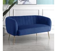 Matilda 137Cm Wide Dark Blue Ruched Back Velvet 2 Seat Sofa With Brass Coloured Steel Legs