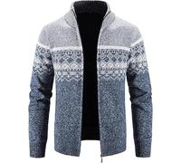 MATINEE Fairisle Cardigan for Men, Double Knit Cuffs and Hem, Zip Opening, Warm Fleece Lining, Melange Pattern(LT GREY-M)