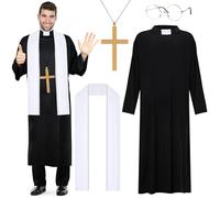Matiniy 4 PCS Priest Costume for Men Include Father Robe Stole Plastic Cross Glasses for Adults Halloween Exorcist Dress Up (L)