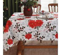 MATIRUG Christmas Tablecloth Square 52x52 Inch,Spillproof Wrinkle Free Poinsettia and Holly Printed White Jacquard Fabric Table Cloth for Xmas Winter Holiday New Year
