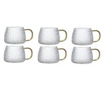 Matissa 6 pcs Glass Coffee Mugs 400ml/13.5oz. Clear Textured Glass Coffee Cups with Handle Heath Cold Resistance Cups Luxury Thick Embossed