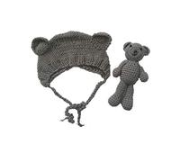 Matissa Newborn Baby Crochet Knit Costume Photography Prop Baby Bear Hat and Doll Set (Grey)