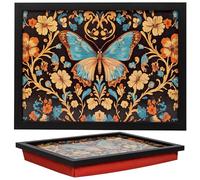 Matop Lap Tray with Cushion, Trays for Eating on Lap, Wooden Bean Bag Cushion Lap Tray for Sofa, Bed & TV Dinner, Blue Butterfly Vintage Floral, 43 x 32 cm