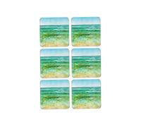 matop Ocean Watercolor Wooden Coasters Set of 6 - Flowing Blue Green Drink Mats - Heatproof Cork-Based Table Decor for Coastal Homes & Beach-Themed Gifting (Green)