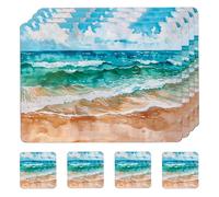 matop Oceanic Watercolor Placemats Set of 4 - Coastal Blue Green Abstract Table Mats -Wooden Placemats with Cork Base, Beach-Themed Dining Decor, 21.5×29cm / 29×40cm (Blue, 21.5 * 29cm+10.5 * 10.5cm)