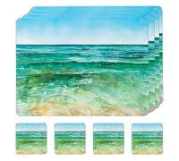 matop Oceanic Watercolor Placemats Set of 4 - Coastal Blue Green Abstract Table Mats -Wooden Placemats with Cork Base, Beach-Themed Dining Decor, 21.5×29cm / 29×40cm (Green, 21.5*29cm+10.5*10.5cm)