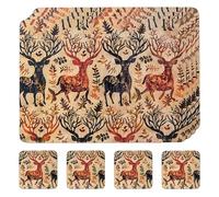 matop Retro Forest Myth Placemats Set of 4 - Artistic Woodland Deer Pattern Table Mats - Heat Resistant Wooden Placemats with Cork Backing,21.5×29cm / 29×40cm (21.5 * 29cm+10.5 * 10.5cm)