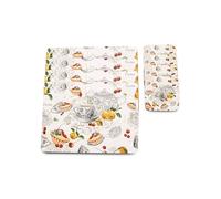 matop Retro Tea Time Placemats Set of 4 - Vintage Afternoon Tea Pattern Table Mats - Heat Resistant Wooden Placemats with Cork Base, 21.5×29cm / 29×40cm (White, 21.5 * 29cm+10.5 * 10.5cm)