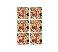 matop Vintage Forest Wooden Coasters Set of 6 - Rustic Deer Pattern Table Mats - Mythical Woodland Style Drink Coasters - Artistic Nature-Inspired Gift for Home, Dining, and Creative Spaces