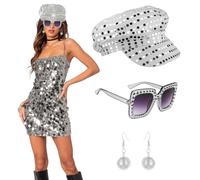 Matreeglam 3Pcs 70s Disco Party Hat Set for Women,Abba Sequin Hat with Sunglasses Glitter Accessorie,Hippie Costume Accessories Theme Party Fancy Dress Halloween Birthday Dance (White)