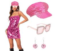 Matreeglam 3Pcs 70s Disco Party Hat Set for Women,Abba Sequin Hat with Sunglasses Glitter Accessorie,Hippie Costume Accessories Theme Party Fancy Dress Halloween Birthday Dance (Pink)