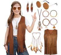 Matreeglam 6Pcs 60s 70s Hippie Costume Set,Fancy Dress Cosplay Accessories with Fringe Vest Vintage Sunglasses Boho Accessories,Women Hippy Fancy Dress for Carnival Halloween Party (S)