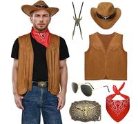 Matreeglam 6Pcs Western Cowboy Costume for Men, West Cowboy Outfit Set with Tassel Vest Cowboy Hat Glasses Bandana, Cowboy Outfits Fancy Dress for Carneval Halloween Cosplay