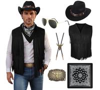 Matreeglam 6Pcs Western Cowboy Costume for Men, West Cowboy Outfit Set with Tassel Vest Hat Glasses Bandana, Outfits Fancy Dress for Carneval Halloween Cosplay (Black, XL)