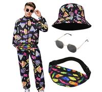Matreeglam 80s 90s Retro Fancy Dress Men, 80s Shell Suit Costume, Hip Hop Outfit Set with Jacket Hat and Glasses, Sportswear for Themed Disco Party Halloween