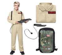 Matreeglam Ghost Hunter Costume for Kids, Halloween Outfit with Jumpsuit Backpack Accessories for Halloween Carnival Horror Party Costumes Ideal for Boys and Girls (Beige, 120)