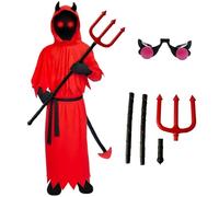 Matreeglam Halloween Horror Costume Kids Unisex Devil Scream Grim Reaper Outfit Accessories with Cape Cloak Trident Glasses for Halloween Carnival Cosplay Party Demons Dress Up (Red, XL)