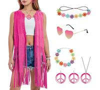 Matreeglam Hippie Costume Set for Women, 70s Fancy Dress Ladies, Pink Fringe Vest with Sunglasses Headband, Hippie Disco Costume Accessories for Halloween Carnival Party (Pink, XL)