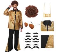 Matreeglam Men's 70s Disco Costume, Disco Hippie Costume with Hippie Accessories, 70s Disco Outfit Retro Shirt Flares for 1970s Dress Up Costumes Carnival Pary (Golden, XL)