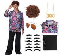 Matreeglam Men's 70s Outfit Retro Disco Costume, 70s Men's Shirt Flared Trousers with Wig, Hippie Costume Shirt Fancy Dress Costumes for Carnival Theme Party (Black, XL)