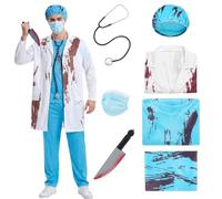 Matreeglam Men's Zombie Doctor Costume, 7-Piece Adult Halloween Surgeon Outfit with Top, Trousers, Stethoscope & Mask - Horror Doctor Costume for Halloween Carnival Cosplay & Themed Events