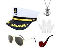Matreeglam Navy Captain Sailor Costume Hat Set with Sunglasses, White Gloves for Unisex Adults, Nautical Theme, Perfect for Nautical Boat Parties, Fancy Dress Parties, Cosplay Costumes