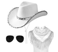 Matreeglam Western Cowboy Hat Fancy Dress Accessory for Women Men, Adult Texan Cowboy Hat with Bandana Glasses, Halloween Party Accessory Country Western Rancher Wild West (White)