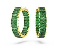 Matrix hoop earrings, Baguette cut, Green, Gold-tone plated