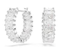 Matrix hoop earrings, Baguette cut, White, Rhodium plated