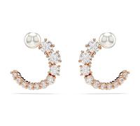 Matrix hoop earrings, Crystal pearl, Round cut, White, 18K rose gold finish