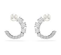 Swarovski Matrix Hoop Earrings, Crystal Pearl Studs with Ring of Clear Round-Cut Stones in a Rhodium-Finished Setting, Part of the Swarovski Matrix Collection