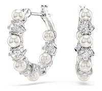 Matrix hoop earrings, Crystal pearl, Round cut, White, Rhodium plated