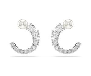 Matrix hoop earrings, Crystal pearl, Round cut, White, Rhodium plated
