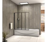 Matt Black 4-Fold Bath Shower Screen, 4mm Clear Glass, 1000x1400mm, Universal Left/Right Fit, Durable Thick Aluminium Frame, CE EN12150 Certified