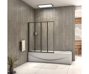 Matt Black 4-Fold Bath Shower Screen, 4mm Clear Glass, 1000x1400mm, Universal Left/Right Fit, Durable Thick Aluminium Frame, CE EN12150 Certified